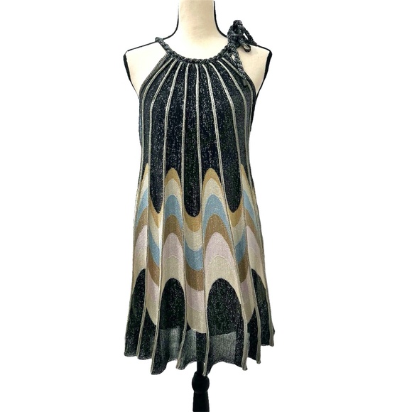 M MISSONI BLACK METALLIC LUREX KNIT SWING SLEEVELESS DRESS W BLUE & GOLD WAVES - Picture 1 of 16